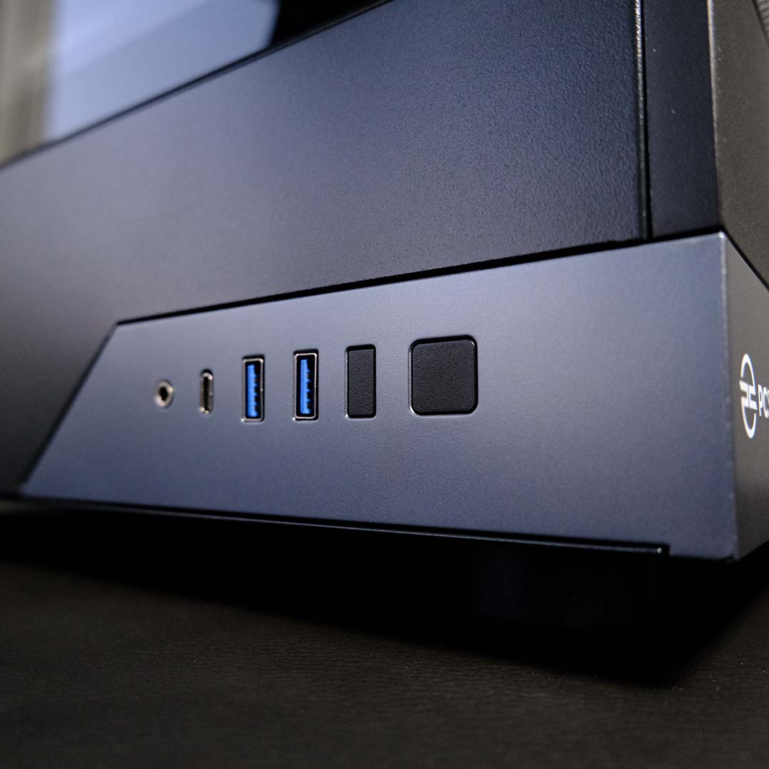 A close-up of the front I/O on the PCSpecialist Elite Storm II.