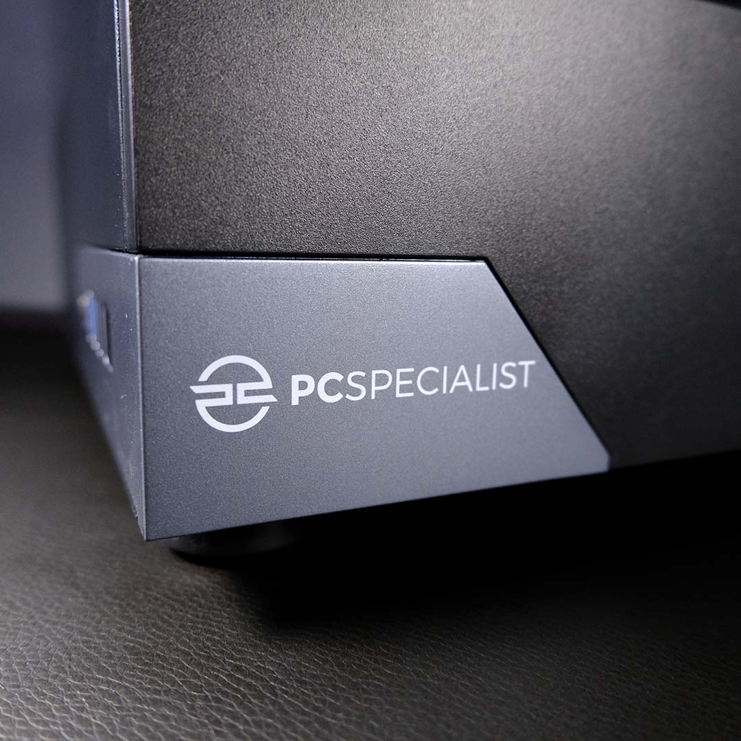 A close-up of the logo on the PCSpecialist Elite Storm II.