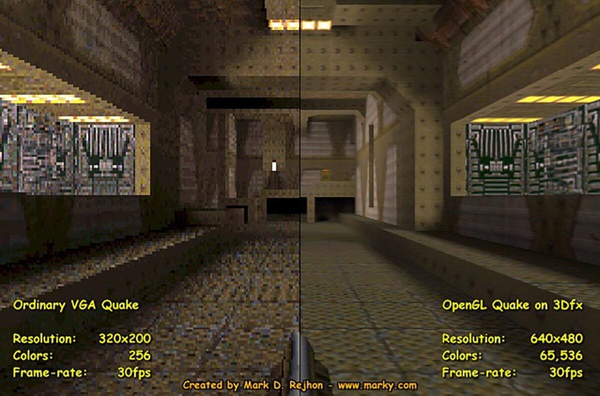 Quake in software (left) and with a 3dfx Voodoo card (right)