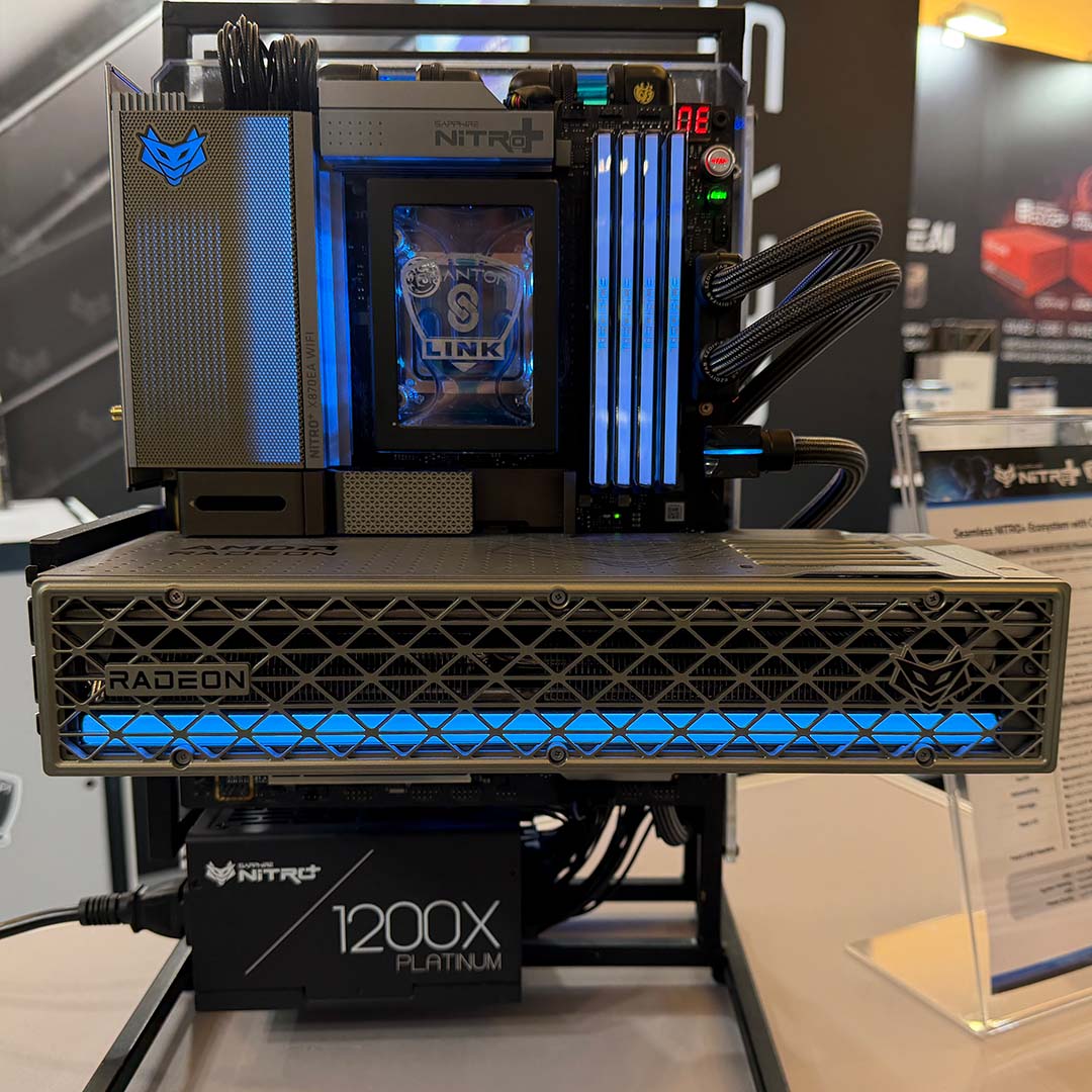 An open-air test bench, built using Sapphrie Nitro+ PhantomLink components.