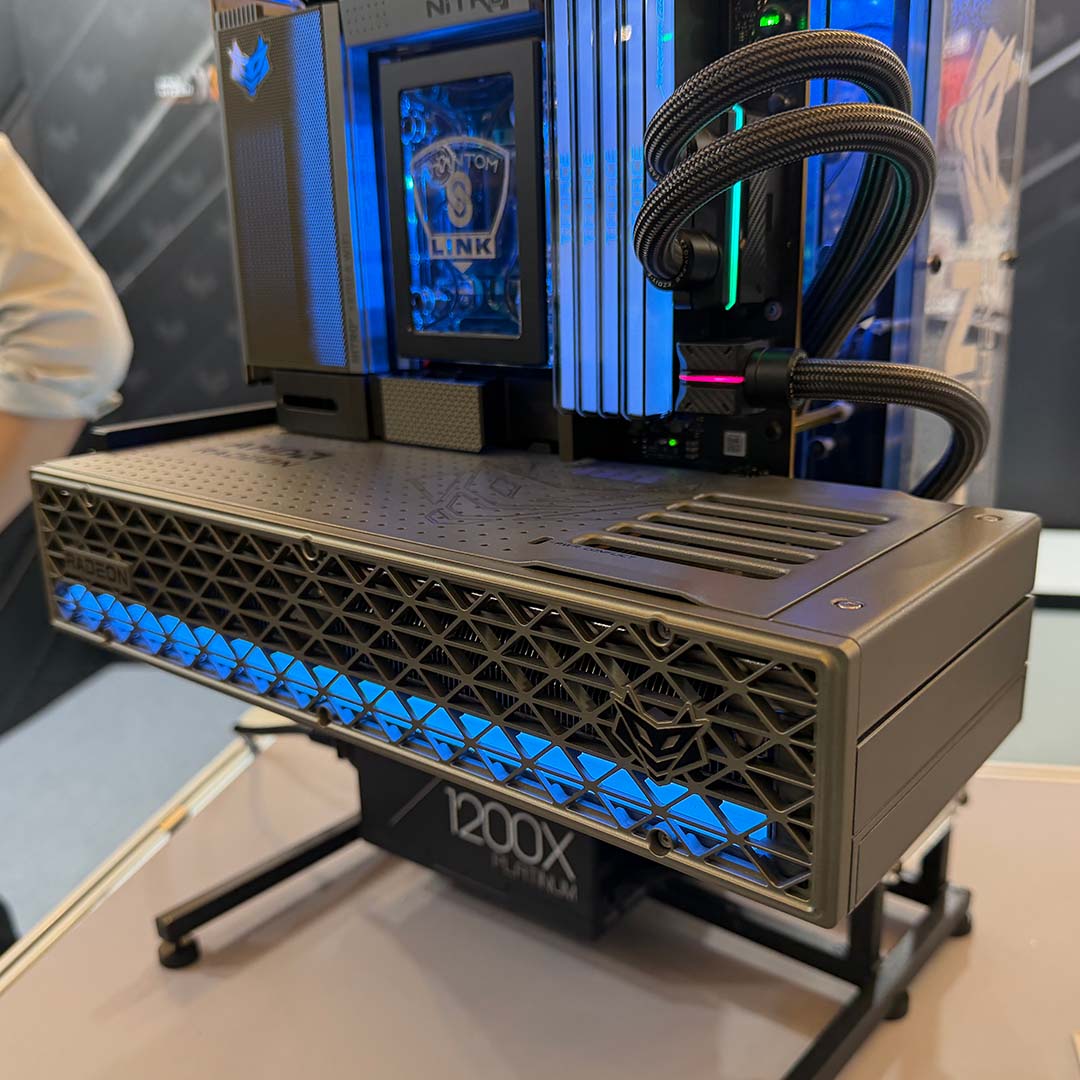 An open-air test bench, built using Sapphrie Nitro+ PhantomLink components.