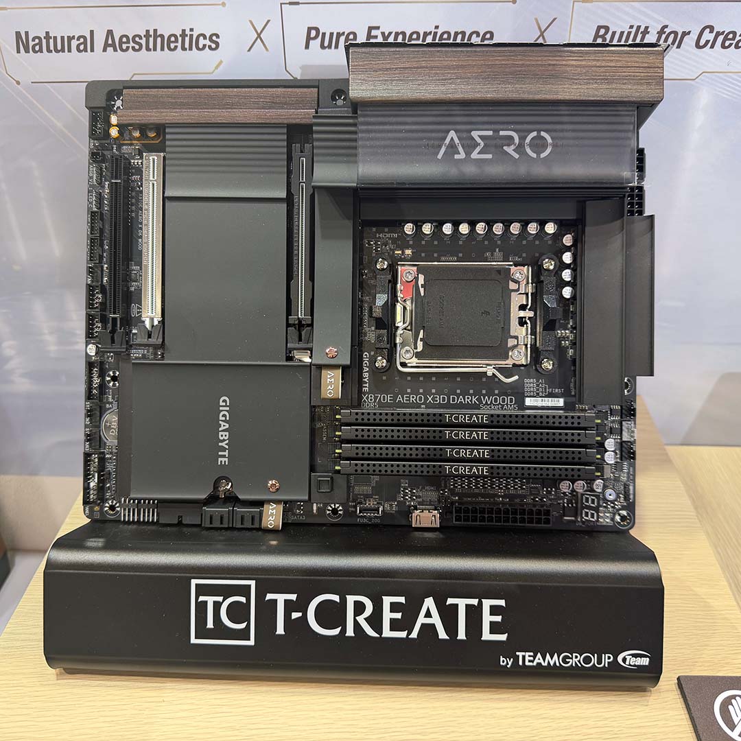 A TeamGroup T-Create showcase, featuring the brand's RAM sticks in a Gigabyte X870E Aero X3D Dark Wood.