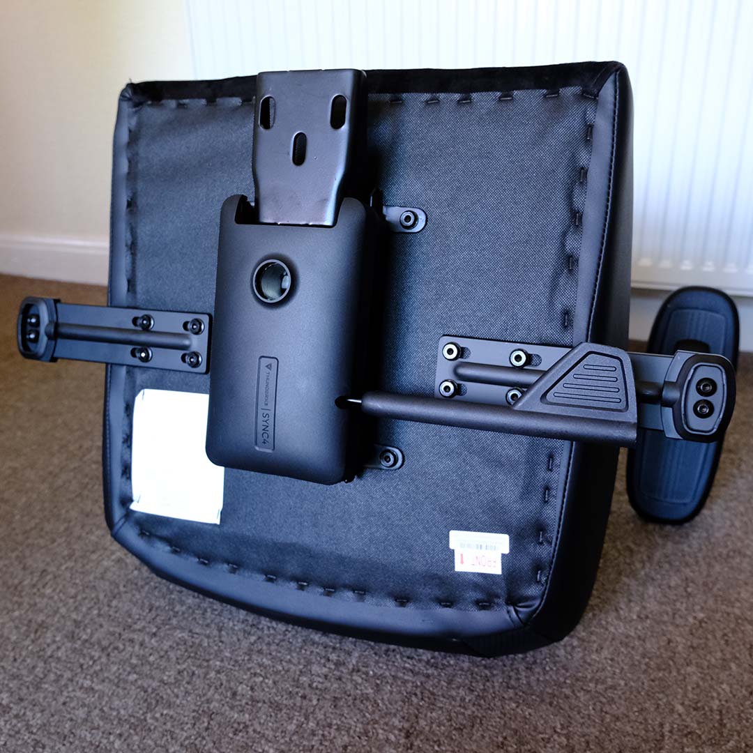 The underside of the ThunderX3 Solo gaming chair, sans, legs.