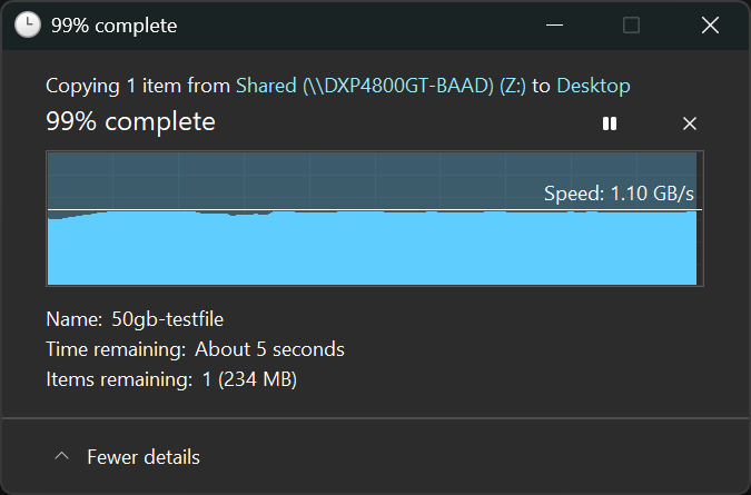 A screenshot from Windows Explorer, detailing the transfer speed of a 50GB test file across to the Ugreen NASync DXP4800 GT.