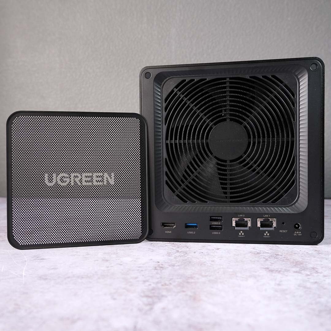 The back of the Ugreen NASync DXP4800 GT, mesh panel removed, exposing its fan.
