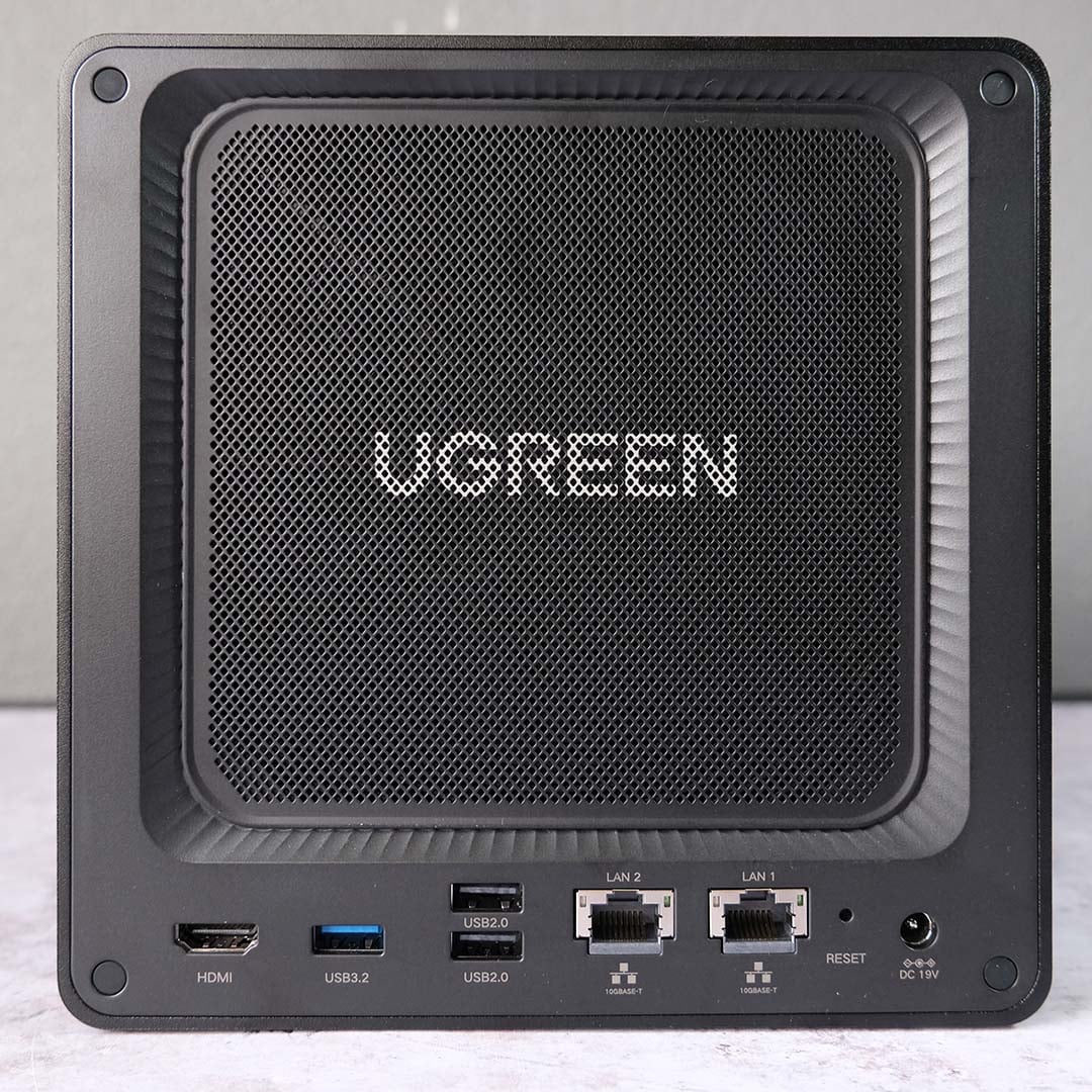 The rear of the Ugreen NASync DXP4800 GT, mesh panel on.