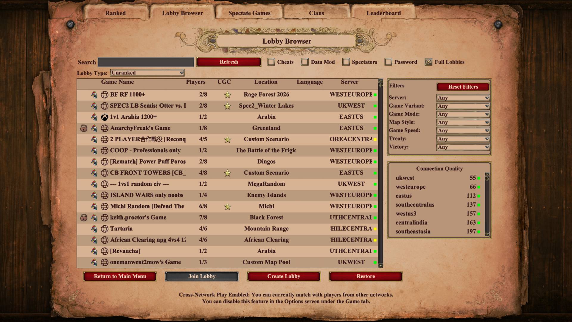 Age of Empires II Definitive Edition - online lobby browser.