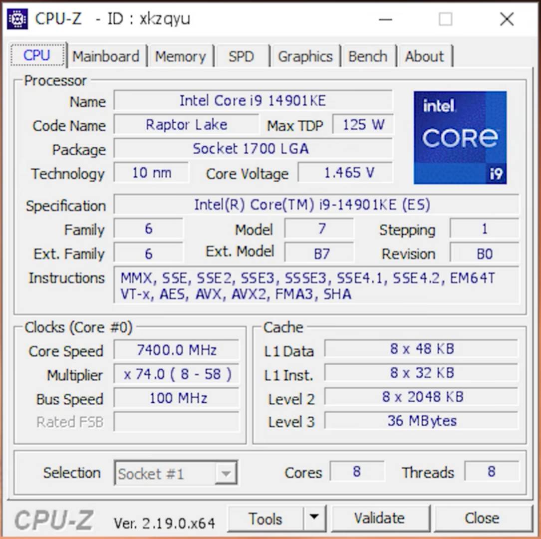 Intel Core i9-14901KE in CPU-Z.