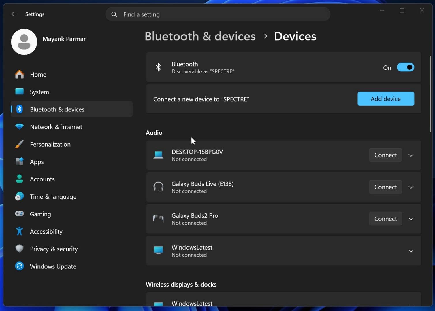 Microsoft Windows 11 Bluetooth page.