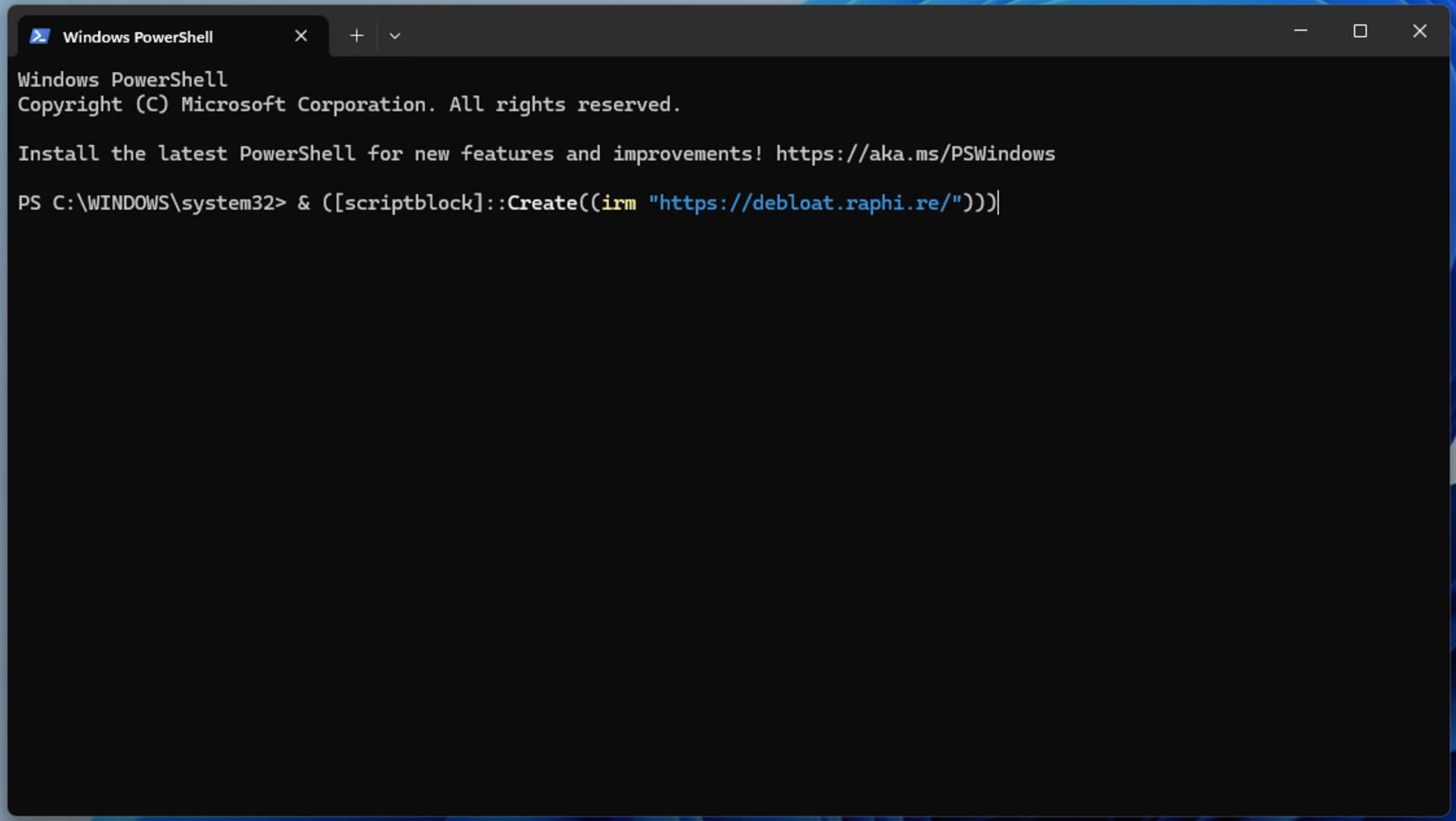 Win11Debloat PowerShell command.