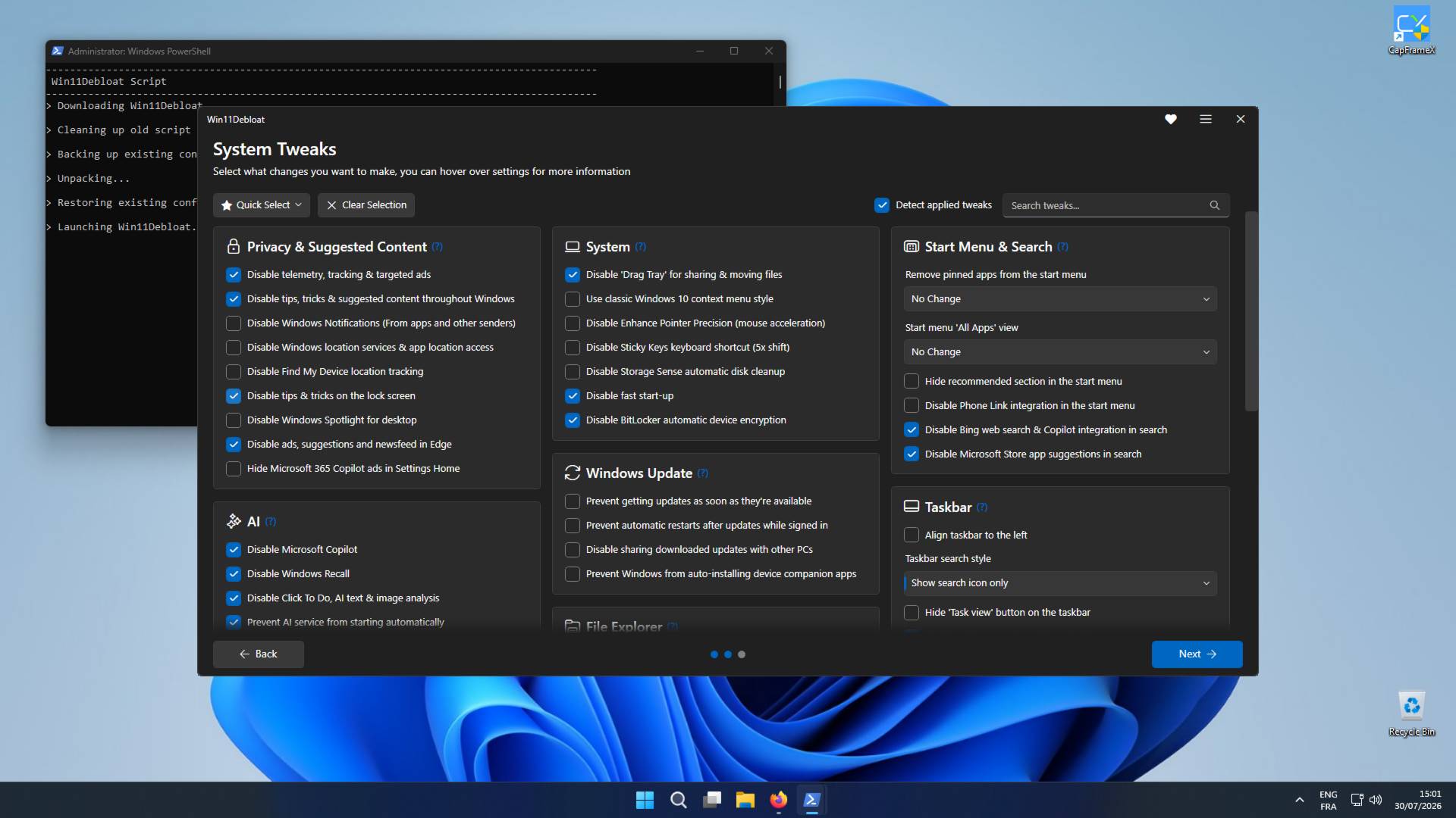 Win11Debloat system tweaks.