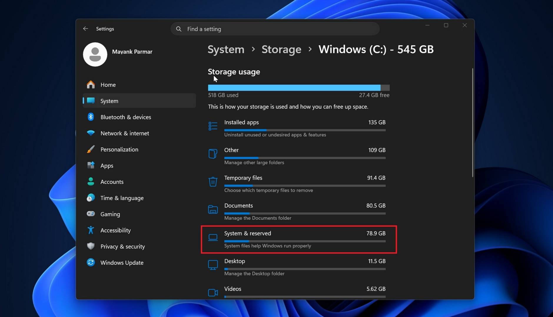 Windows 11 storage usage.