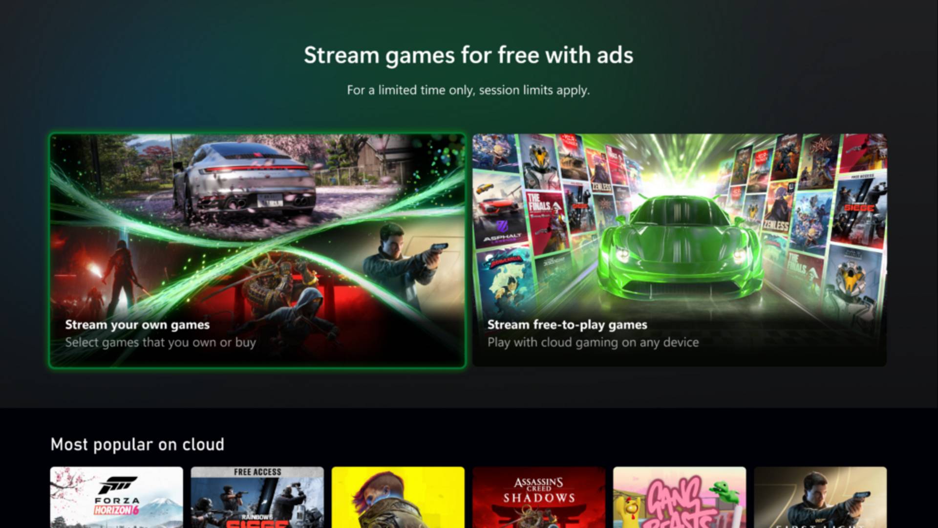 Xbox ad-supported game streaming.