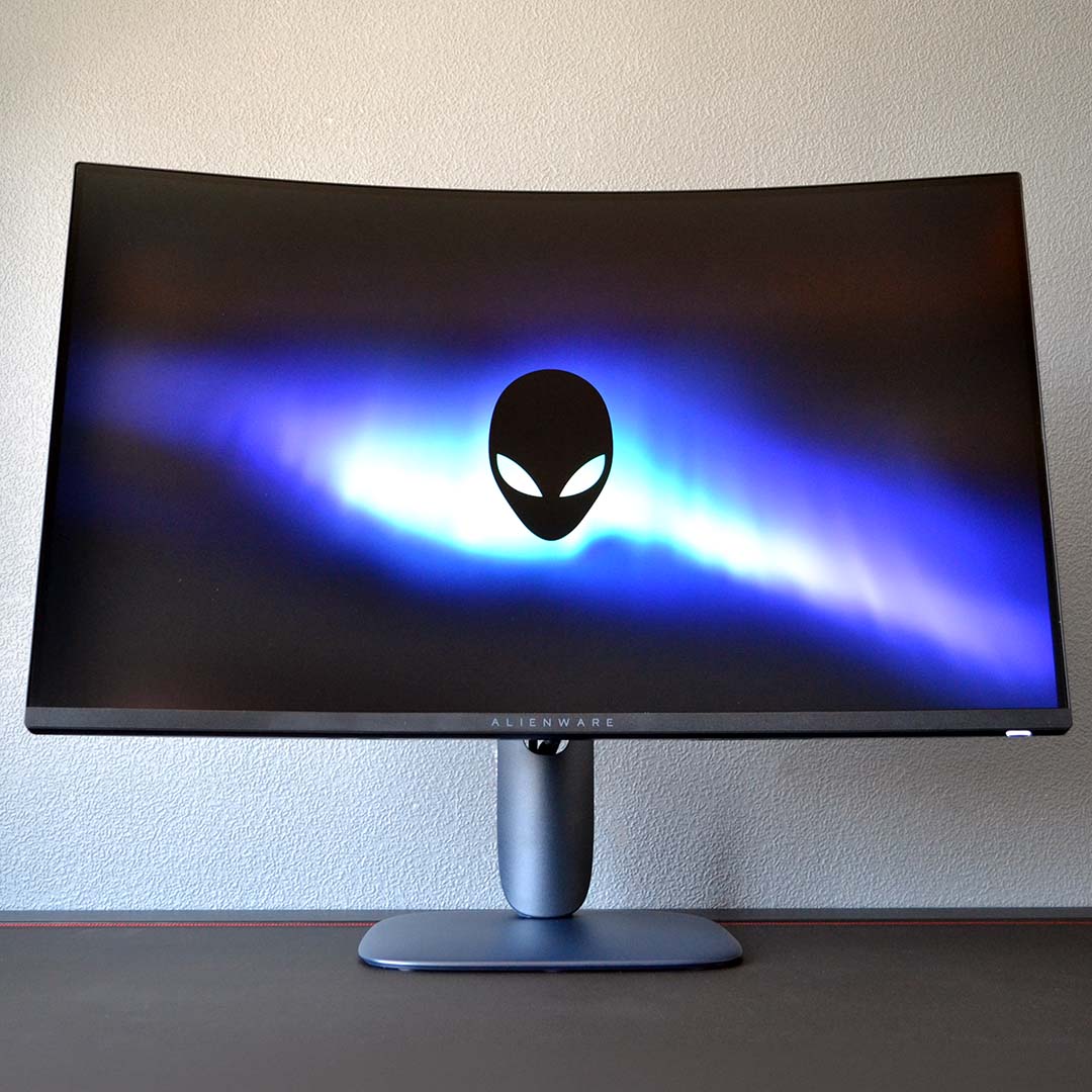 A bottom-up view of the Alienware AW3226DM.