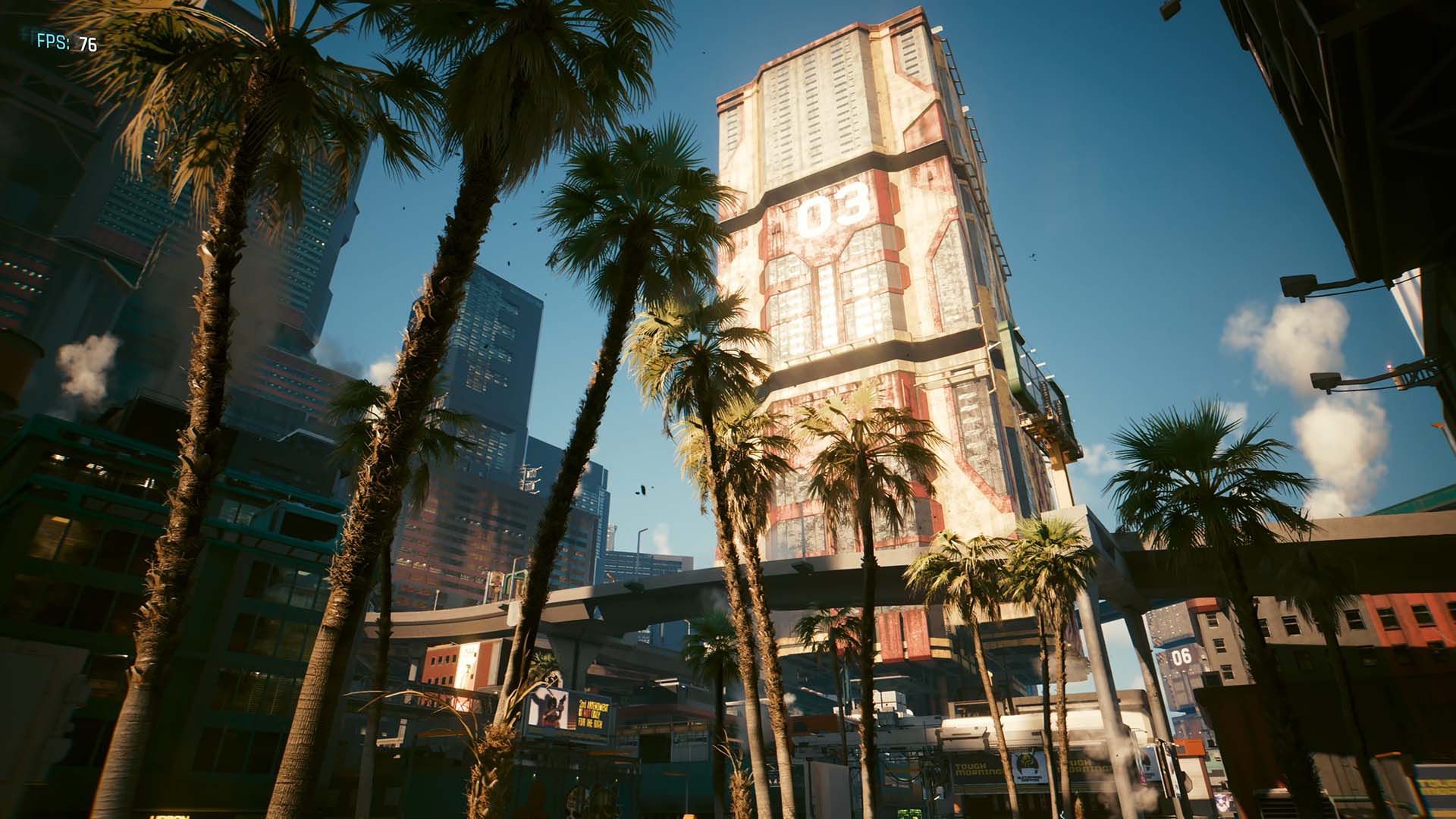 A screenshot of Cyberpunk 2077, using FSR 4, running on a Radeon RX 9070 XT.