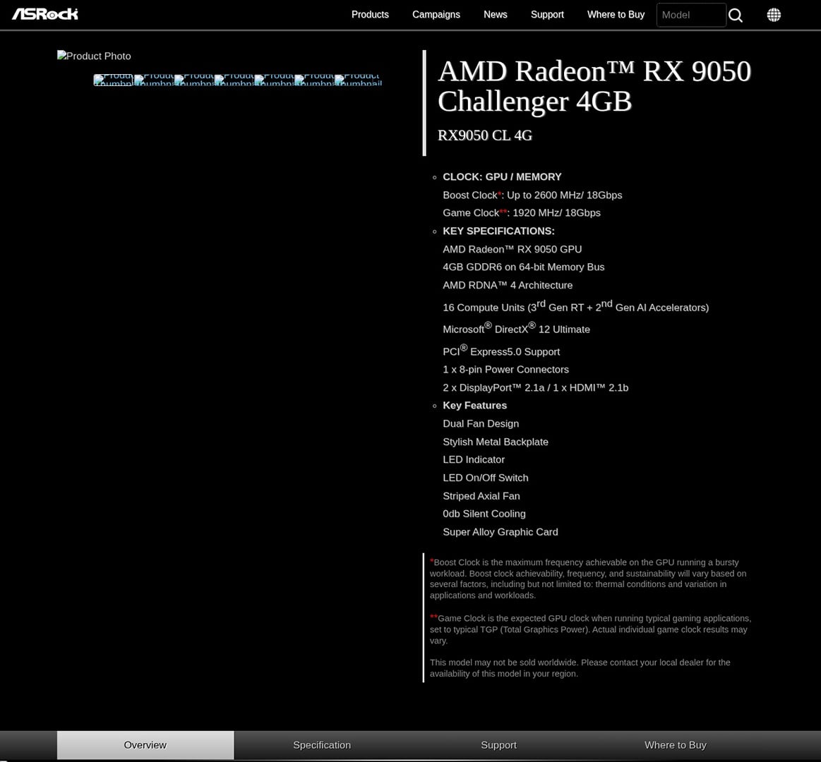A screenshot of the ASRock Radeon RX 9050 4GB Challenger graphics card.
