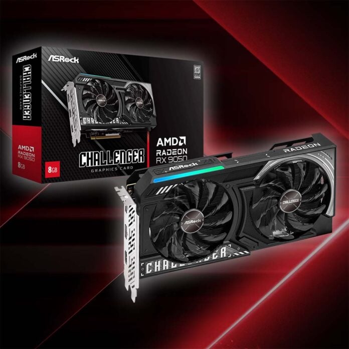 An ASRock Radeon RX 9050 Challenger graphics card, with packaging.