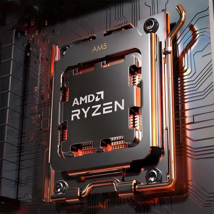An artistic rendering of a Ryzen CPU inside an AM5 socket.