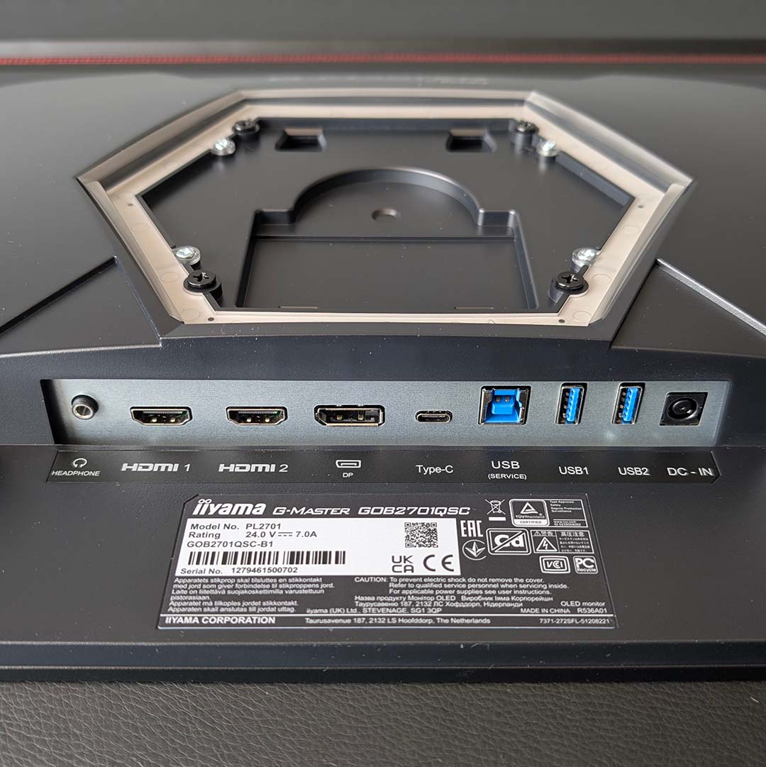 A close-up of the ports on the underside of the iiyama G-Master GOB2701QSC-B1.