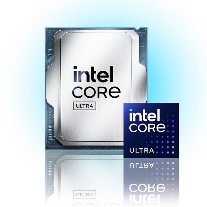An Intel Core Ultra desktop processor (left), standing behind an Intel Core Ultra badge (right).