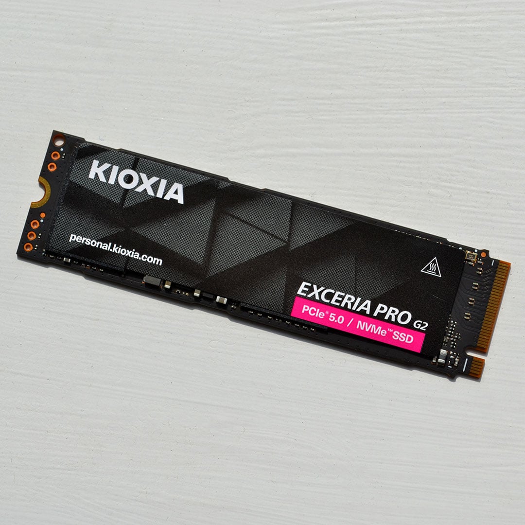 A Kioxia Exceria Pro G2 SSD against a white backdrop.