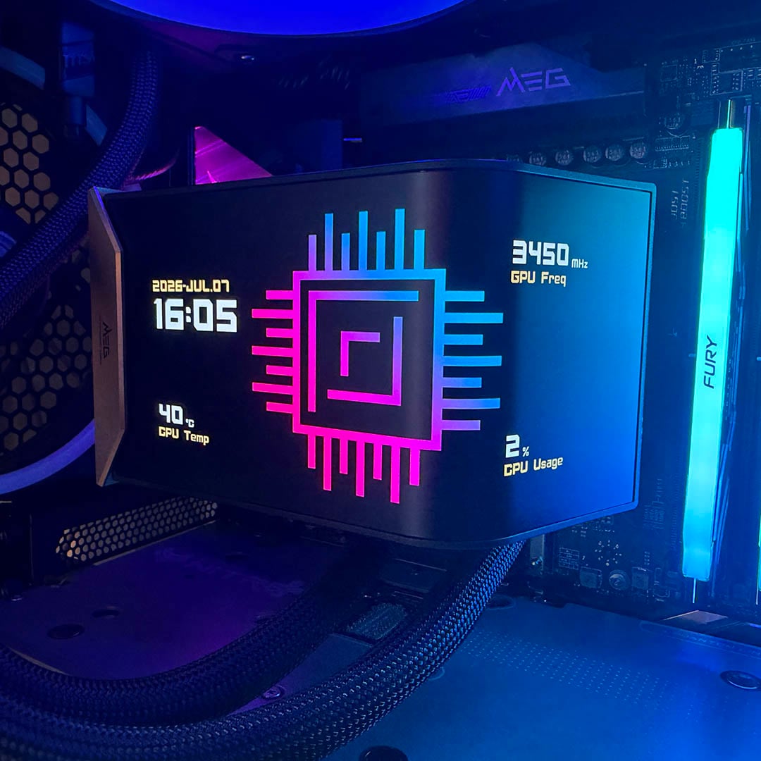 MSI MEG CoreLiquid E15 360 showing Club386 logo with blue RGB lighting