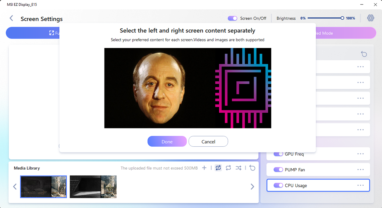 MSI MEG CoreLiquid E15 360 EZ Display software showing Holly from Red Dwarf and Club386 logo in split screen mode