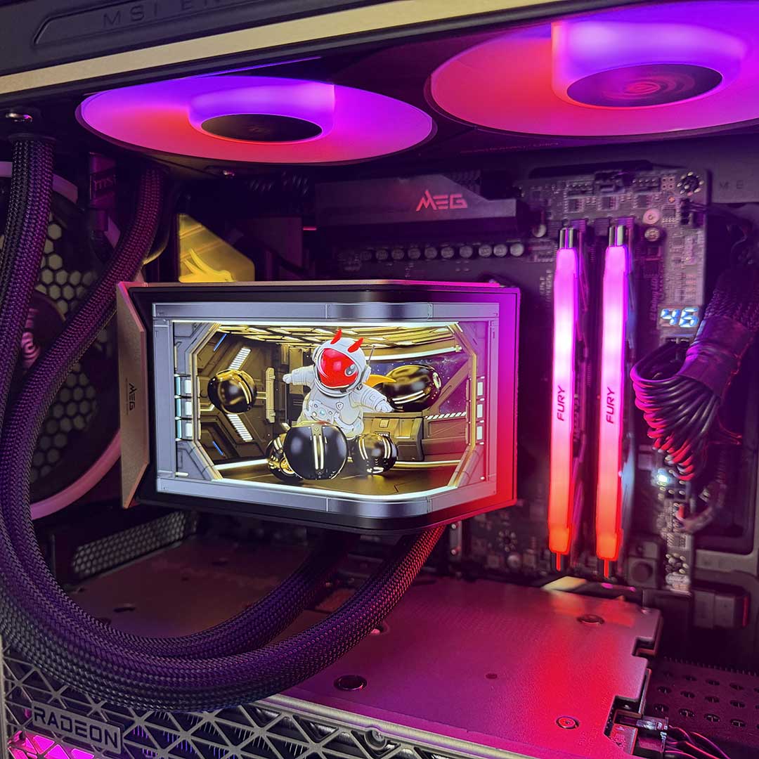 MSI MEG CoreLiquid E15 360 showing Lucky in space video on AMOLED screen