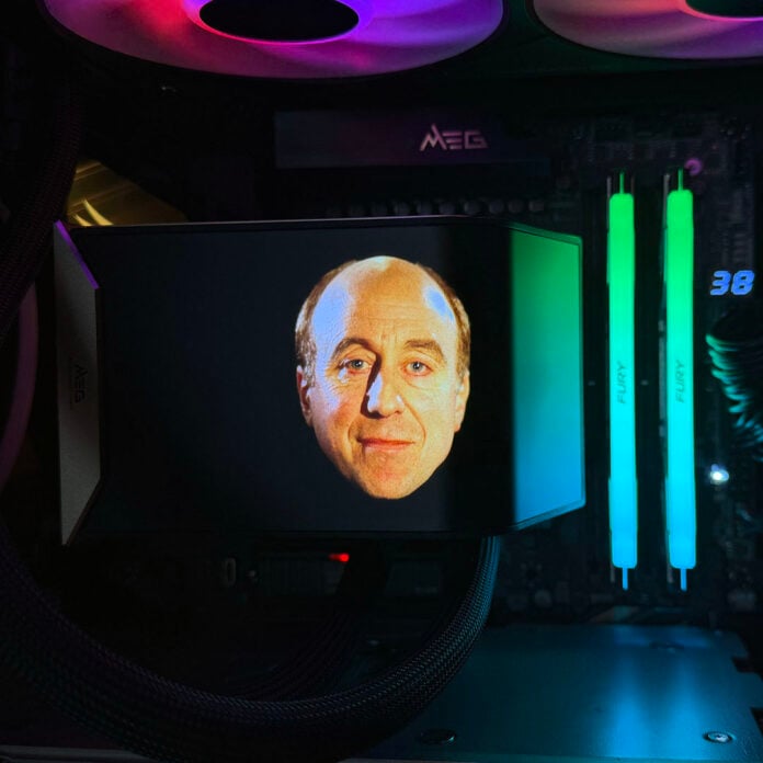 MSI MEG CoreLiquid E15 360 showing Holly from Red Dwarf on AMOLED screen