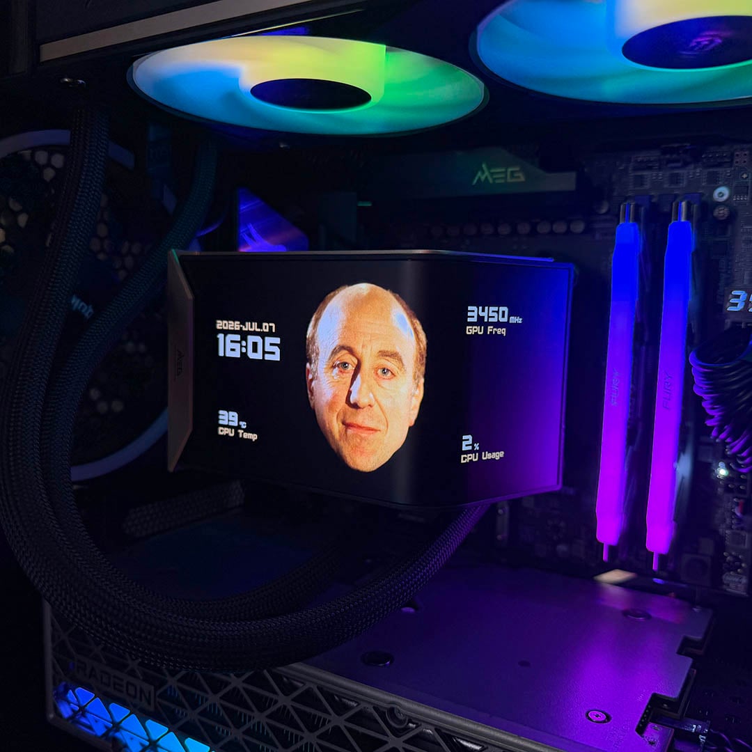 MSI MEG CoreLiquid E15 360 showing Holly from Red Dwarf on AMOLED screen