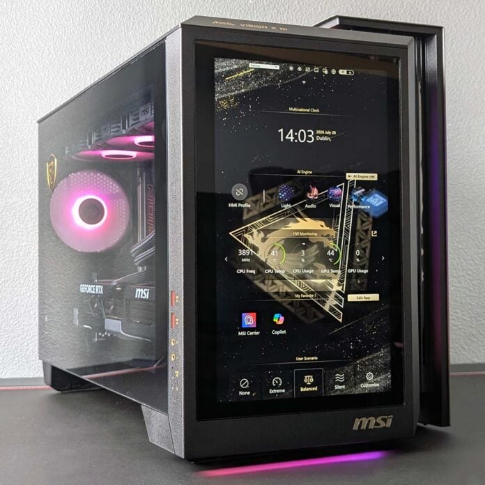 A front-side view of the MEG Vision X AI.