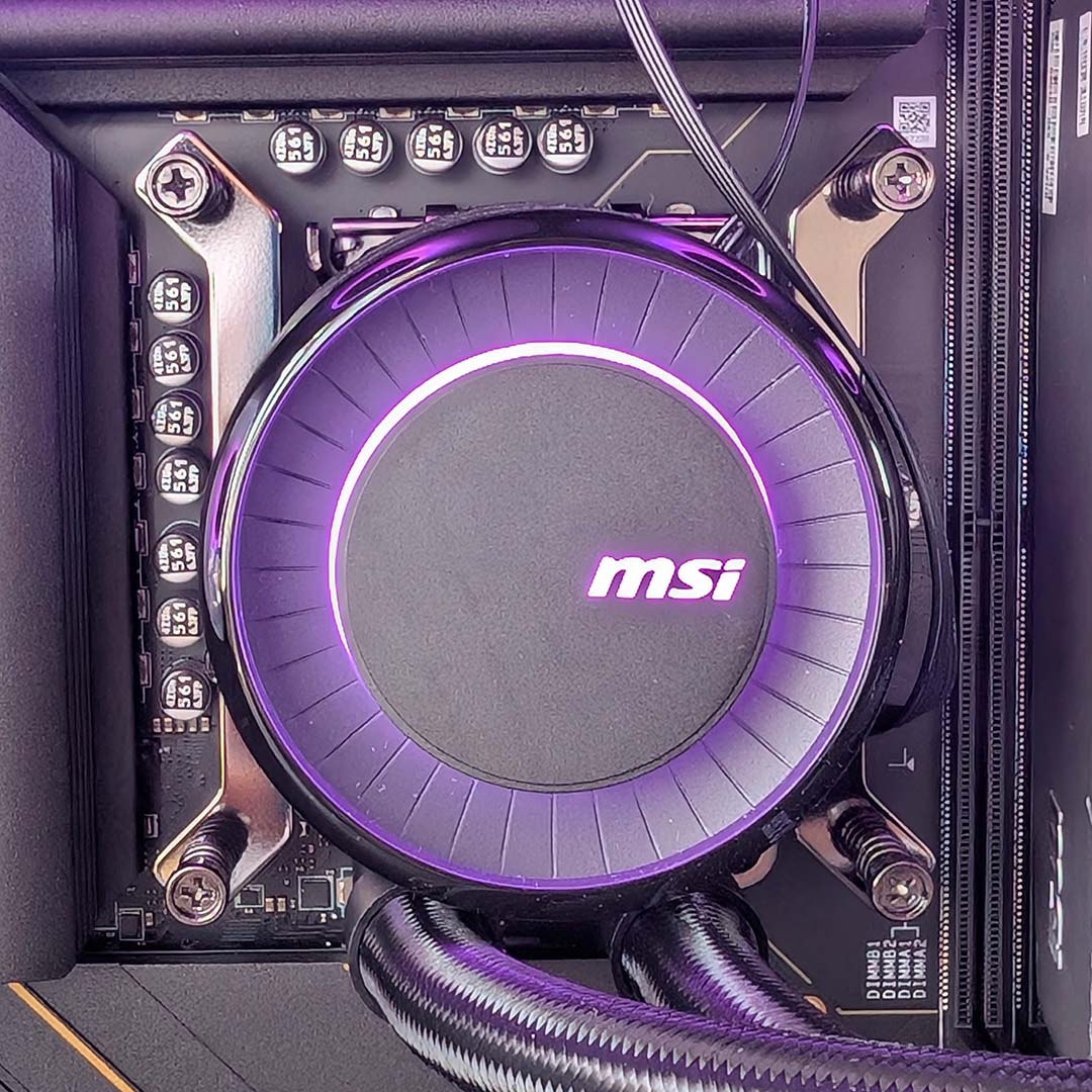 A close-up of the MEG Vision X AI's 360mm AIO water cooler.