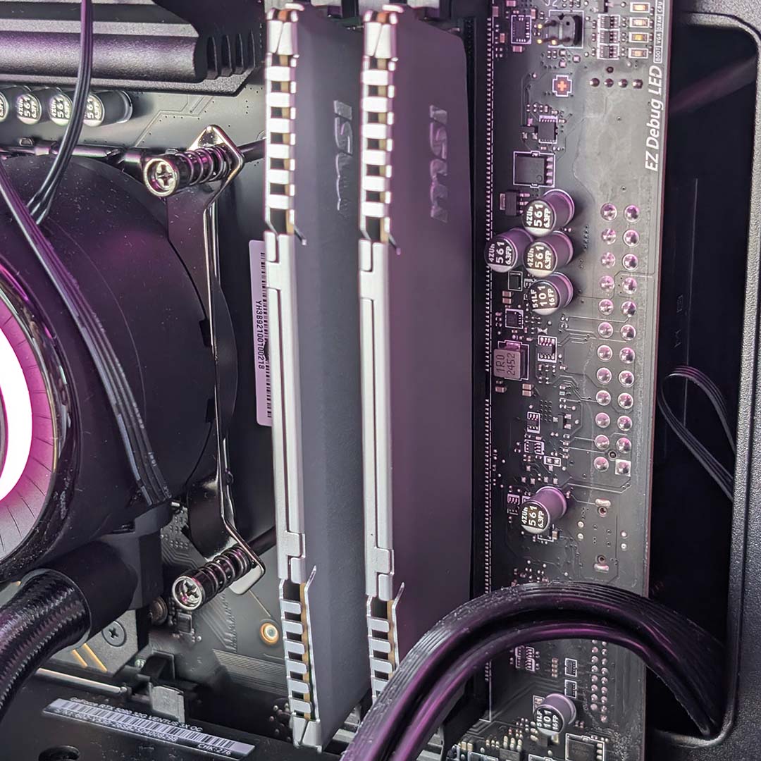 A close-up of the MEG Vision X AI's dual-channel RAM.