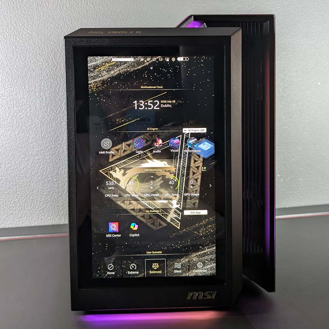 A front view of the MEG Vision X AI, showcasing the built-in panel's control centre in gaming mode.