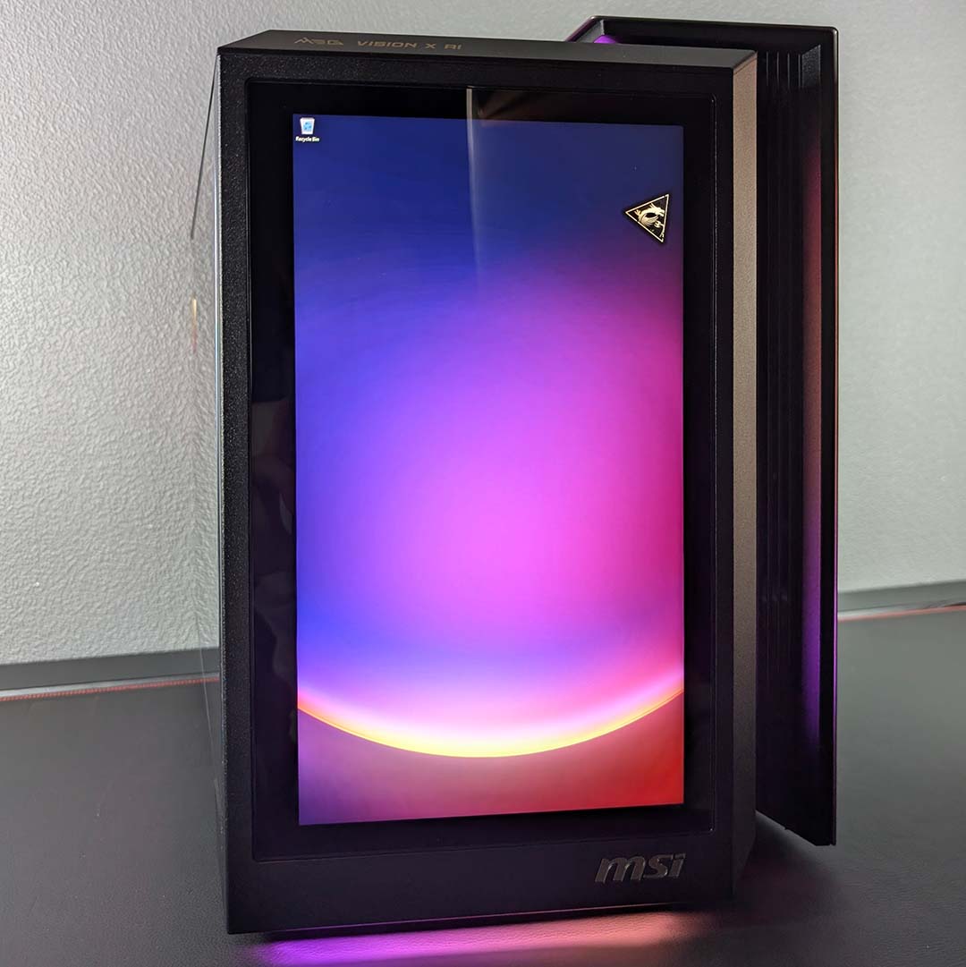 A front view of the MEG Vision X AI, showcasing the built-in panel's ability to serve as a second display.