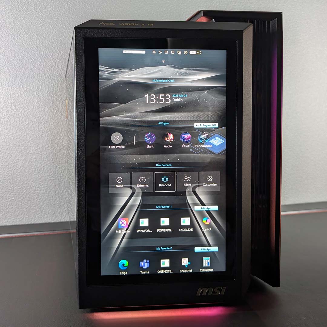 A front view of the MEG Vision X AI, showcasing the built-in panel's control centre in 'working' mode.