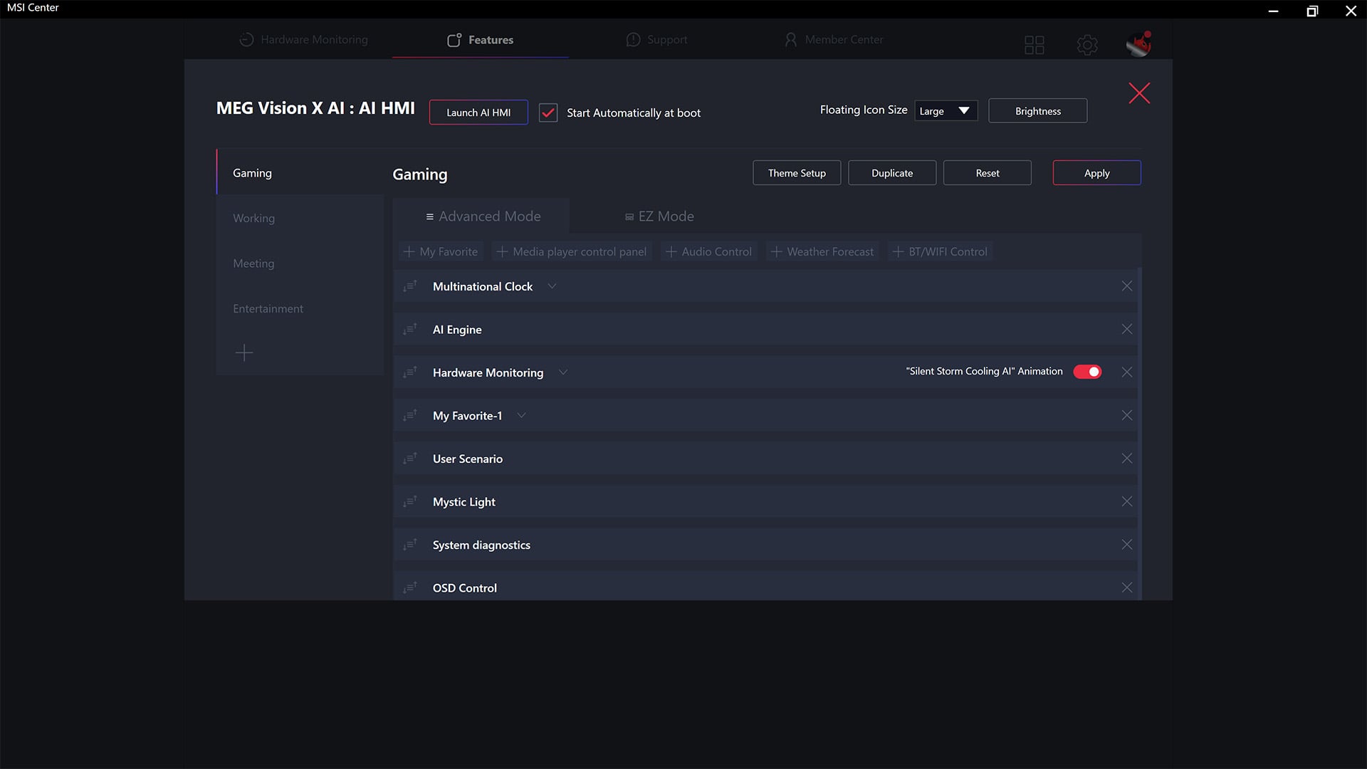A screenshot of software controls for the MEG Vision X AI's AI HMI.