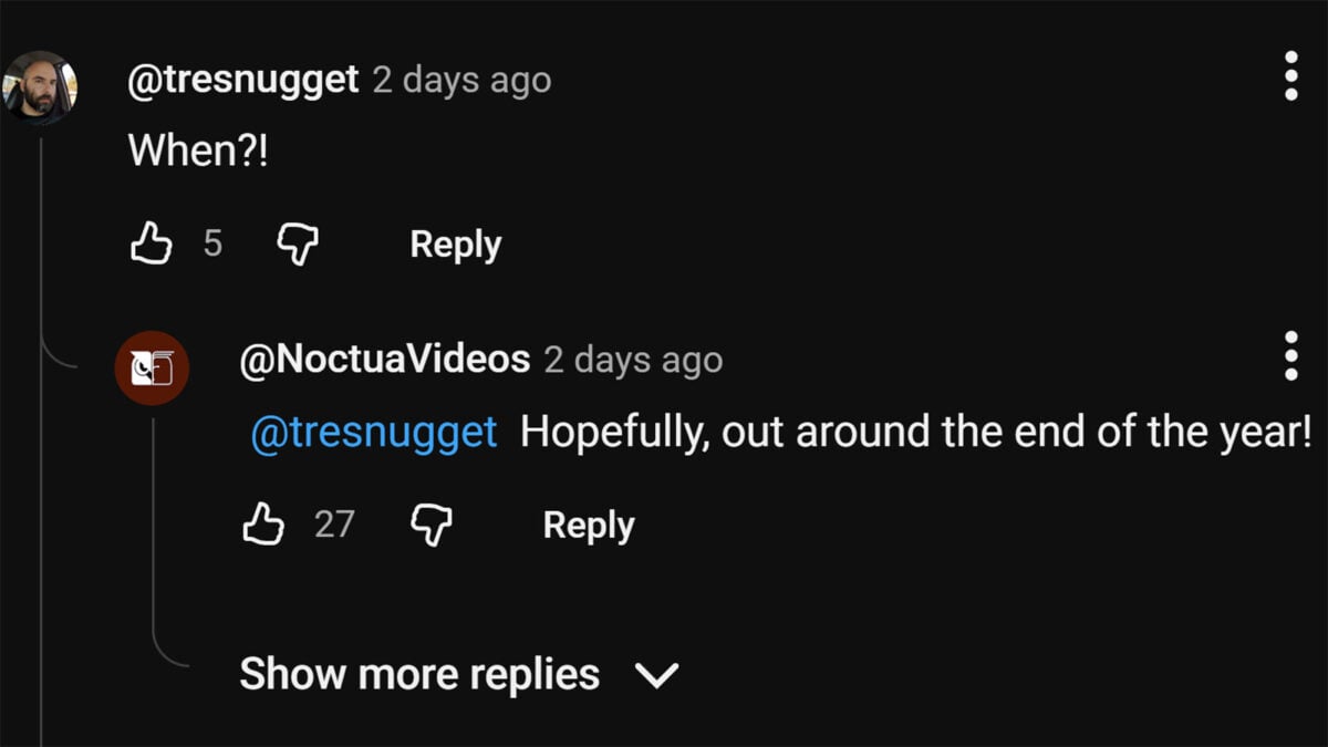 A screenshot of YouTube comments, detailing the estimated release date of the Noctua NL-LC1 chromax.black.