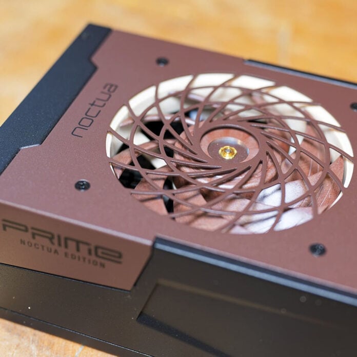 A top-down view of a SeaSonic Prime Noctua Edition power supply.