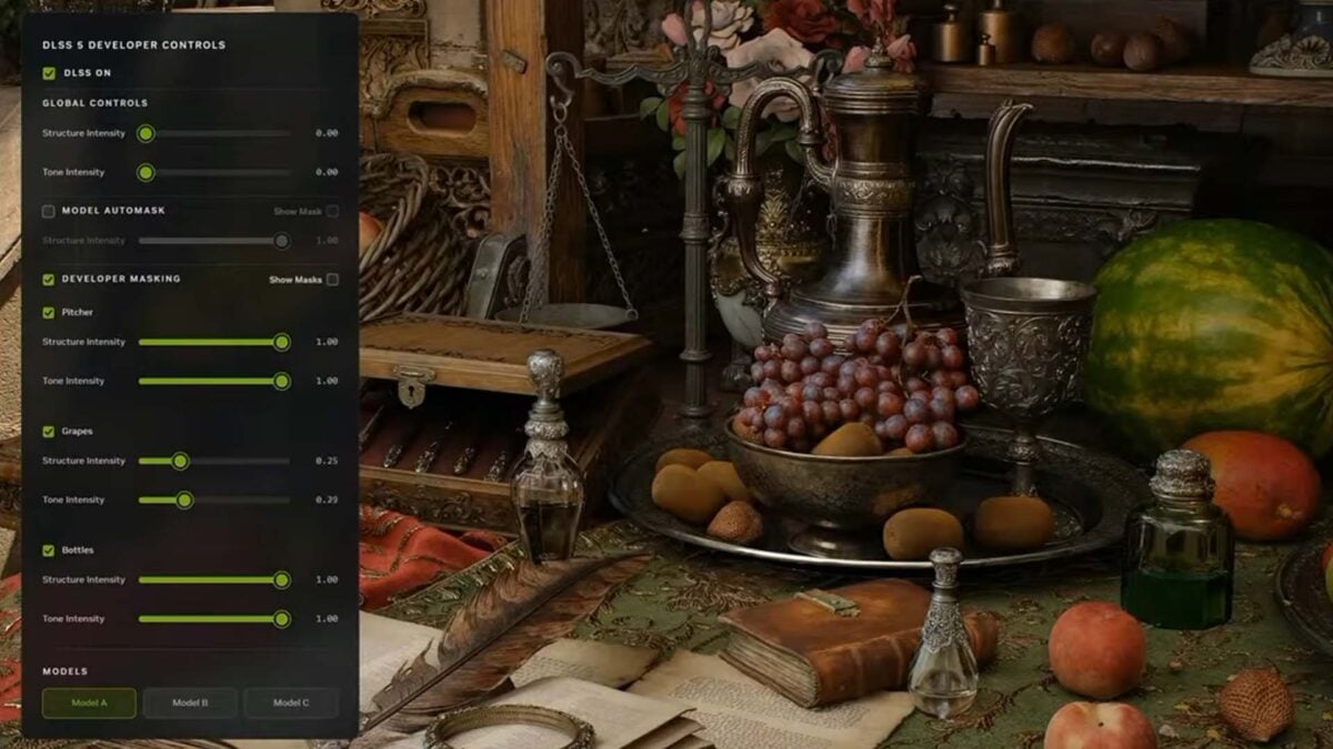 A screenshot of developer controls for DLSS 5 in a real-time scene.