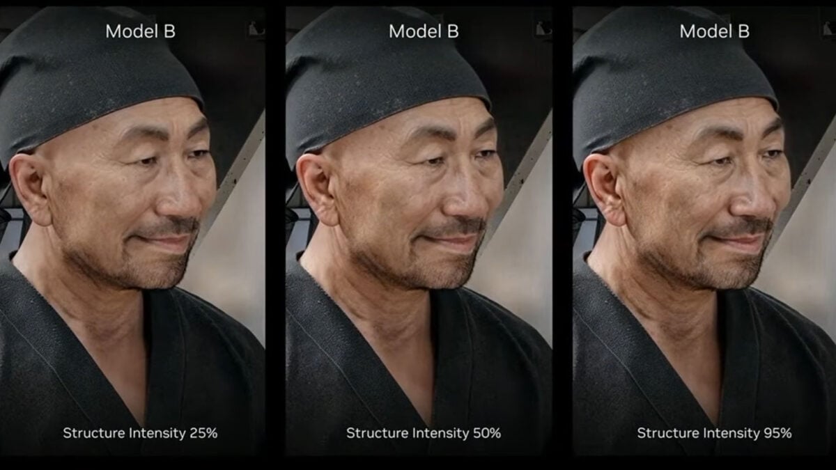 A comparison of structure intensity percentages across the same Nvidia DLSS 5 model.