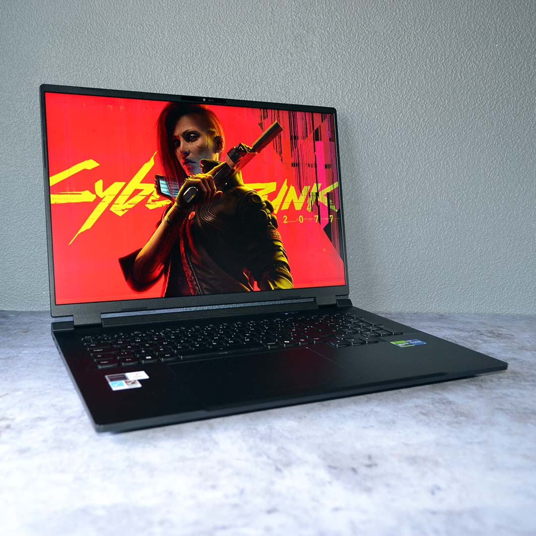 PCSpecialist Ionico 18 laptop, displaying Cyberpunk 2077 artwork.