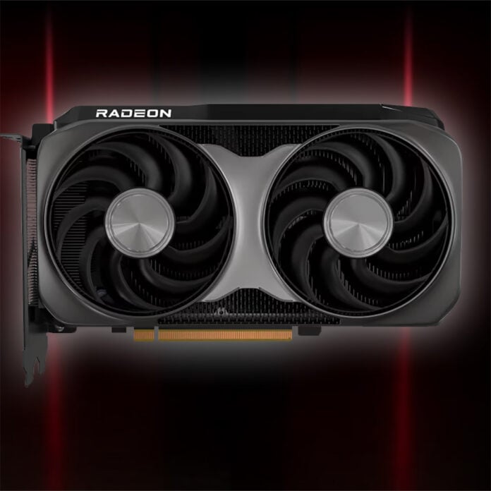 An AMD Radeon RX 9000 series graphics card render, against a dark red background.