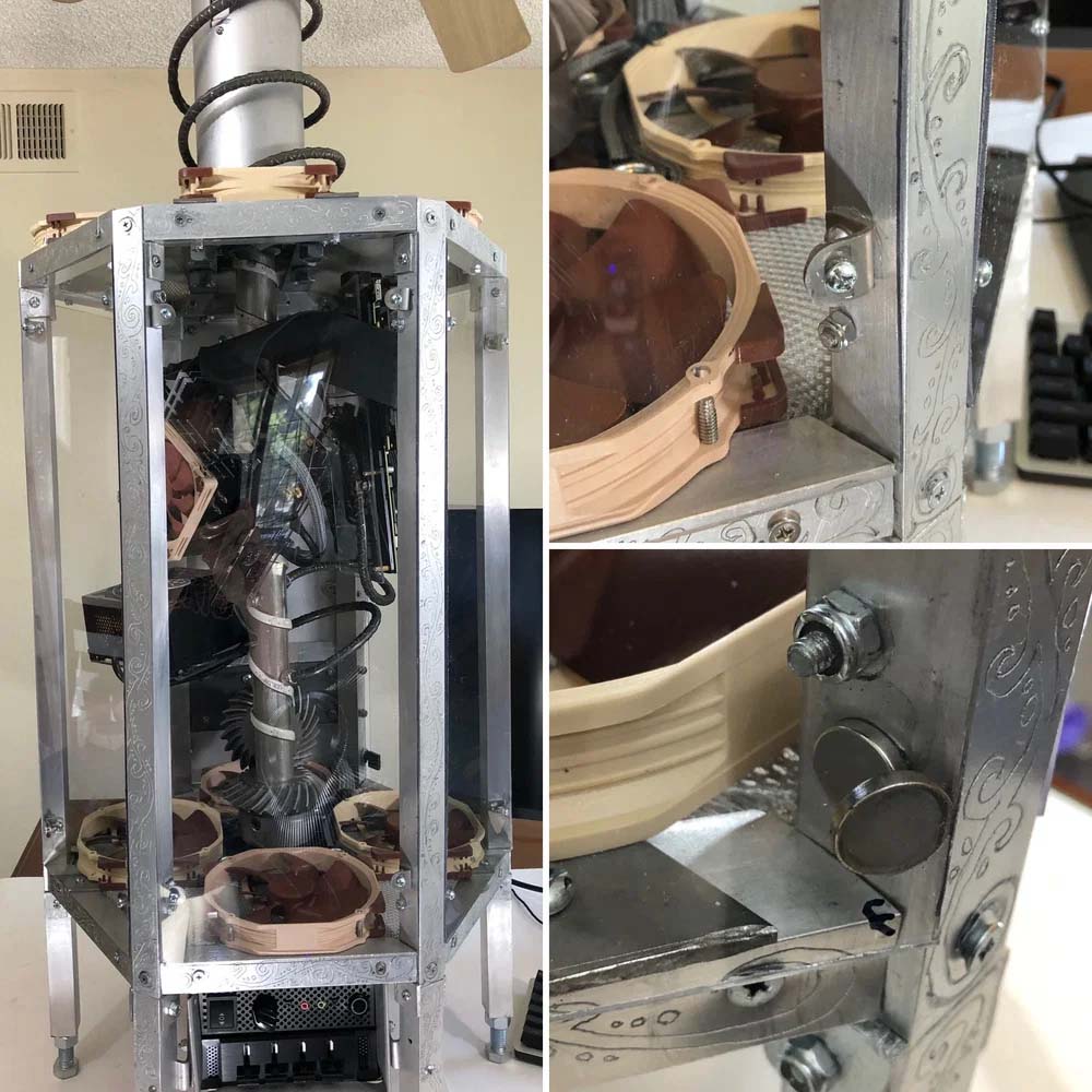 A collage of images showcasing how panels connect to the chassis, of the custom rotating PC build.