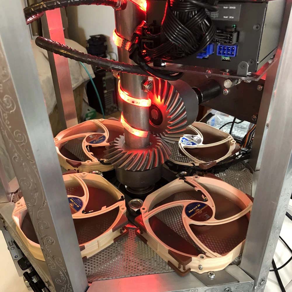 A close-up of the Noctua fans inside the custom rotating PC build.