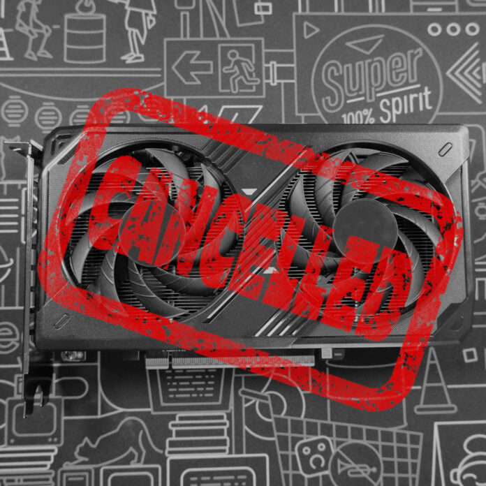 An RTX 5050 in grayscale, with a bright red 'cancelled' stamp on top of it.