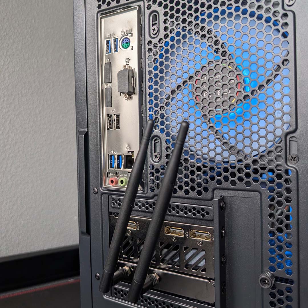 The backside of the PCSpecialist Zircon Spark C, showcasing its motherboard ports.