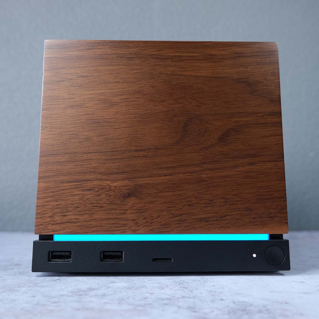 The Steam Machine with the optional solid walnut faceplate attached.
