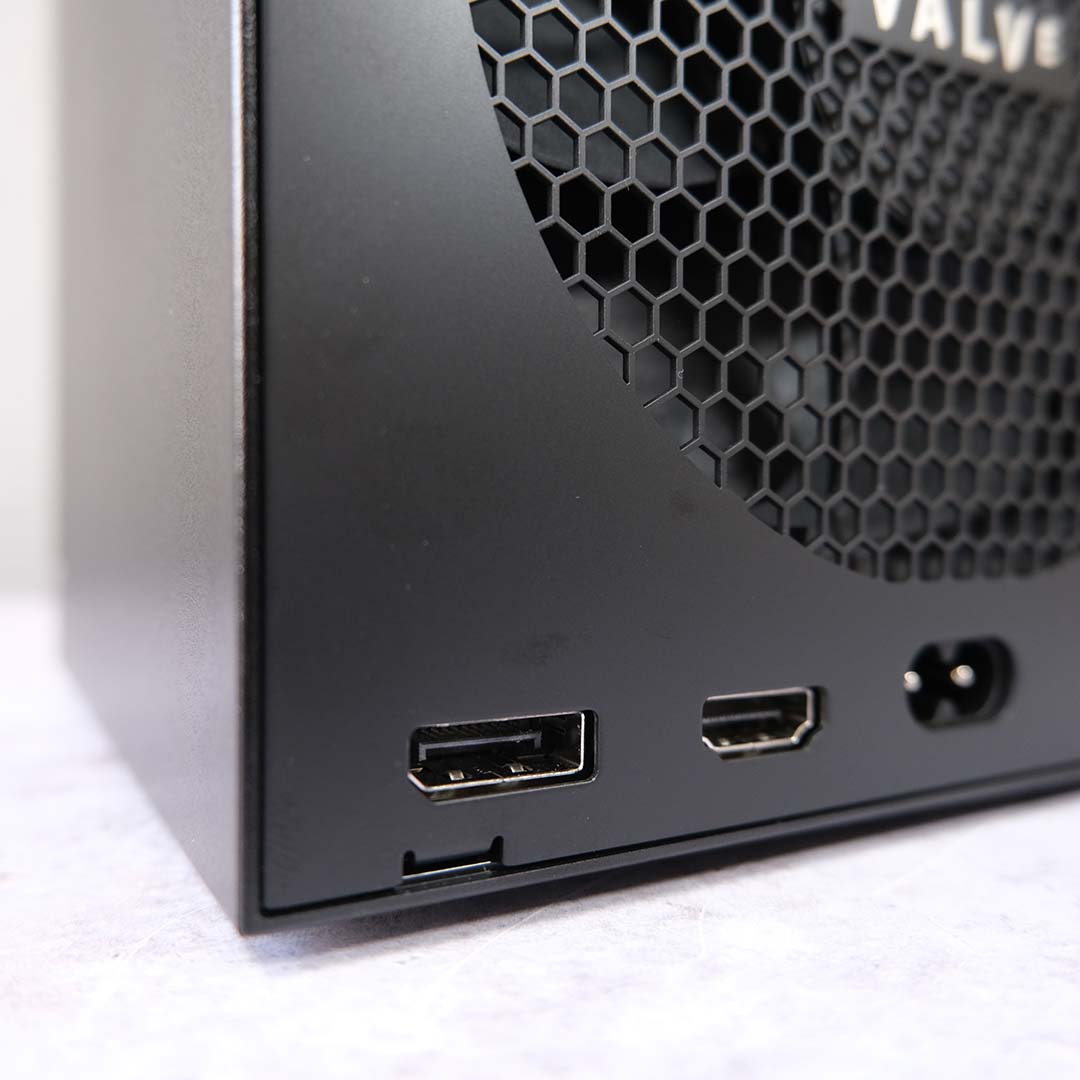 A close-up of the Steam Machine's DisplayPort and HDMI outputs.
