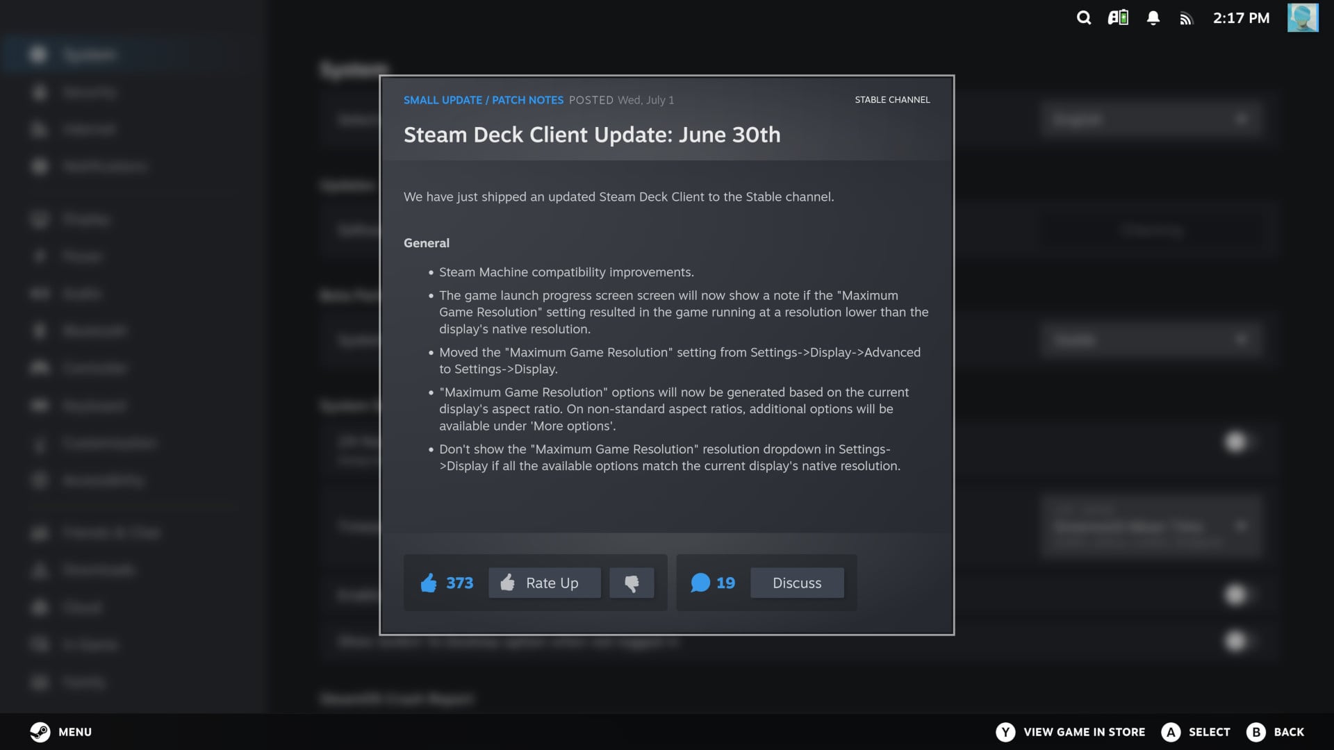 A screenshot of Steam Deck client update patch notes, running on Steam Machine.
